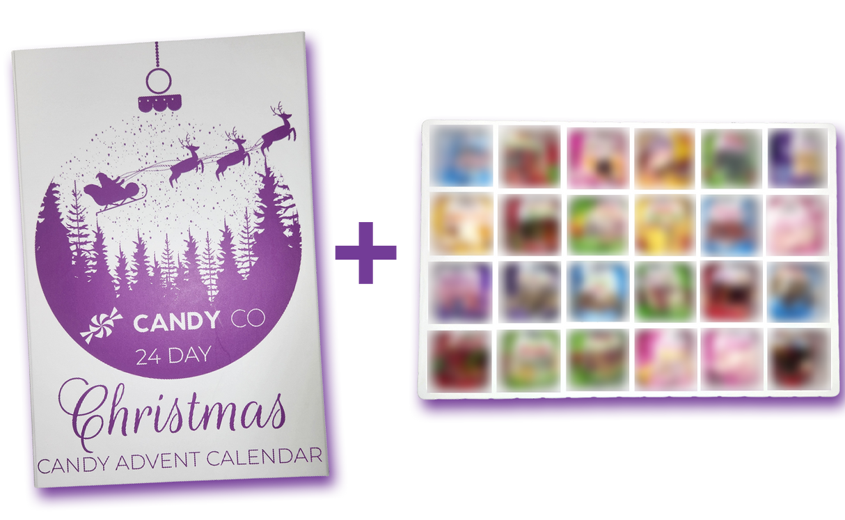 Christmas advent calendar with purple design and small window to reveal 24 days of Christmas treats