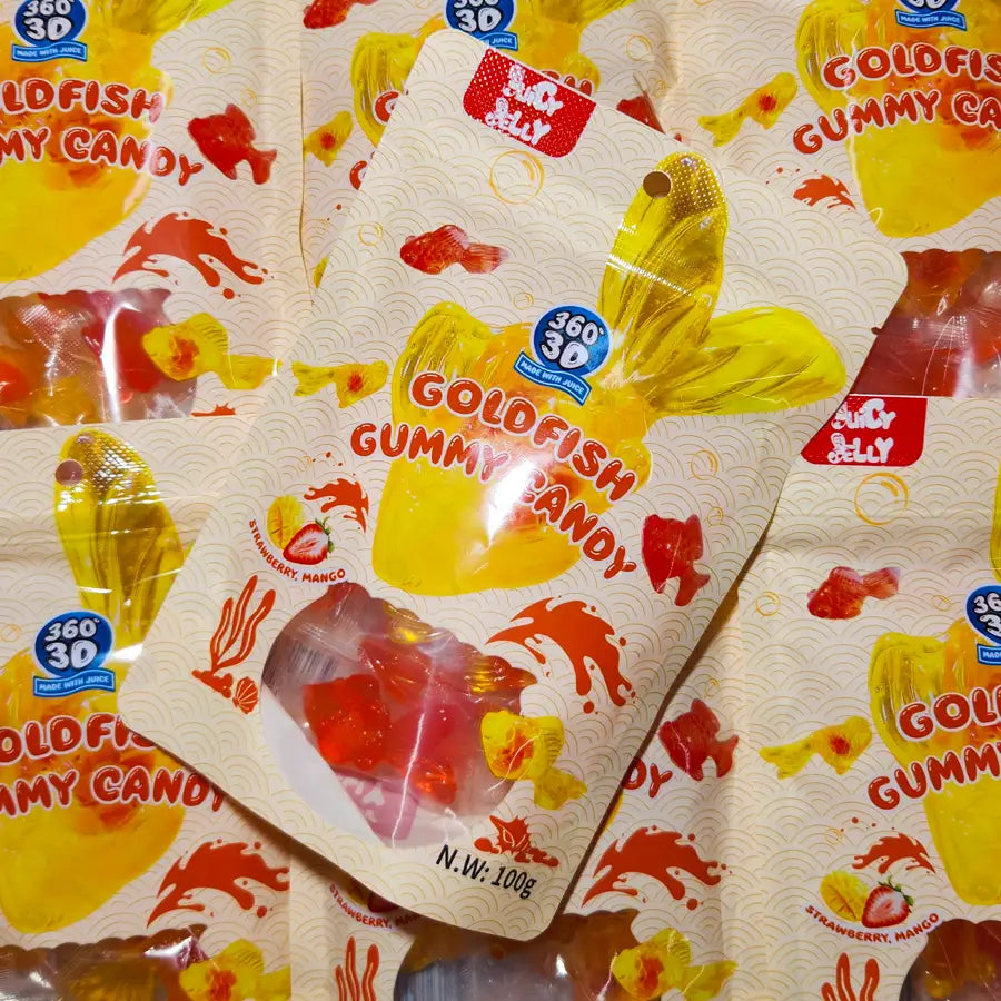 Multiple packages of Goldfish gummy candy with colorful packaging.