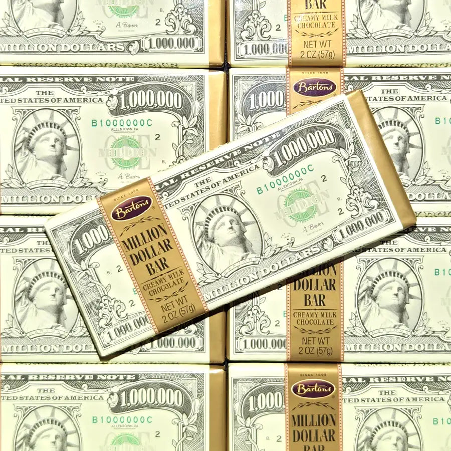 Chocolate bars designed to look like million dollar bills with a prominent 'Barton's' brand label.