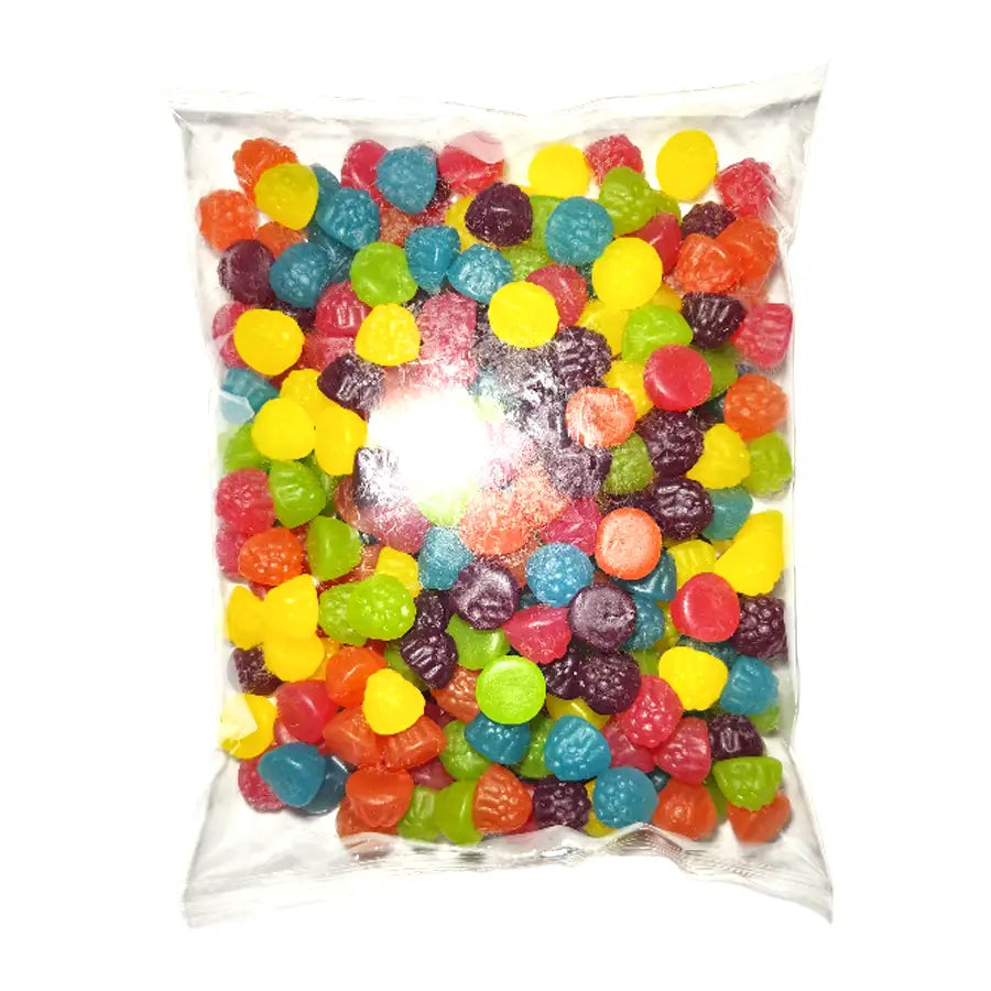 A 1kg Bag of berries shaped lollies in a variety of colour including blue, green, pink, purple, yellow, green and orange.