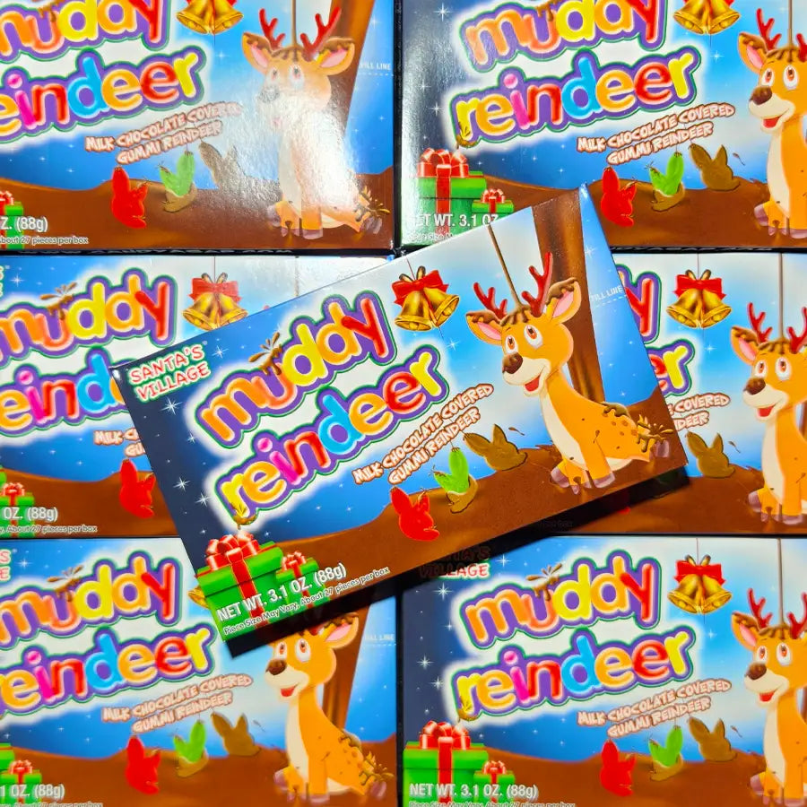 Multiple boxes of Muddy Reindeer candy with reindeer illustrations on a tiled background.