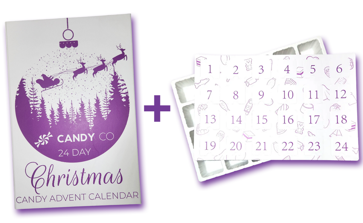 Christmas advent calendar with purple design and numbered days on a white card and plastic insert