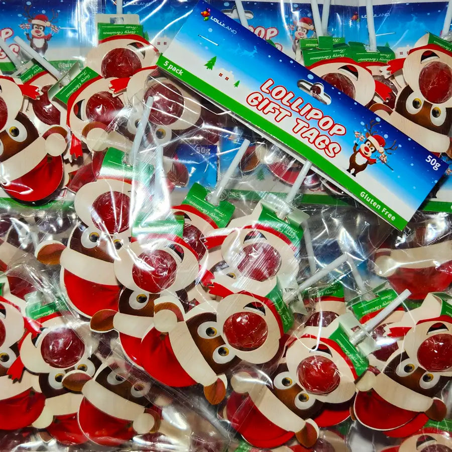 Lollipop gift tags with reindeer design in clear packaging, with a visible brand label.