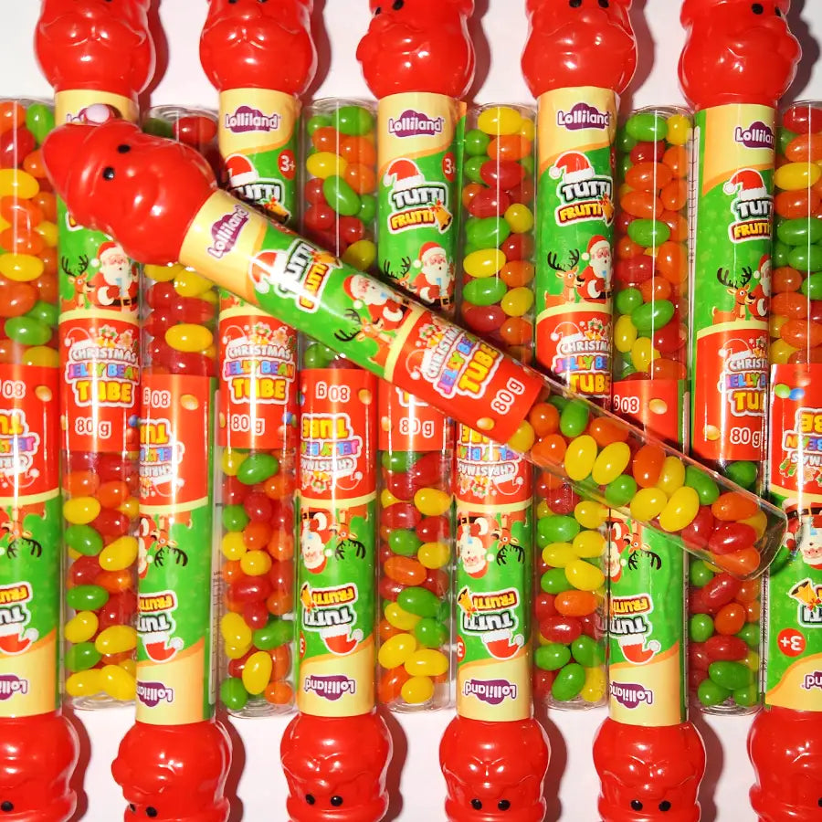 Assorted colorful candy tubes with Santa Claus design on the top filled with Jelly Beans