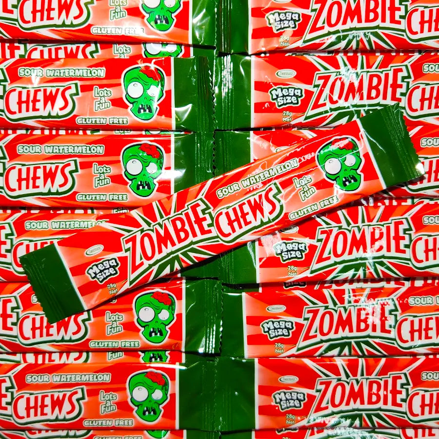 Multiple packages of Zombie Chews watermelon flavoured candy stacked together