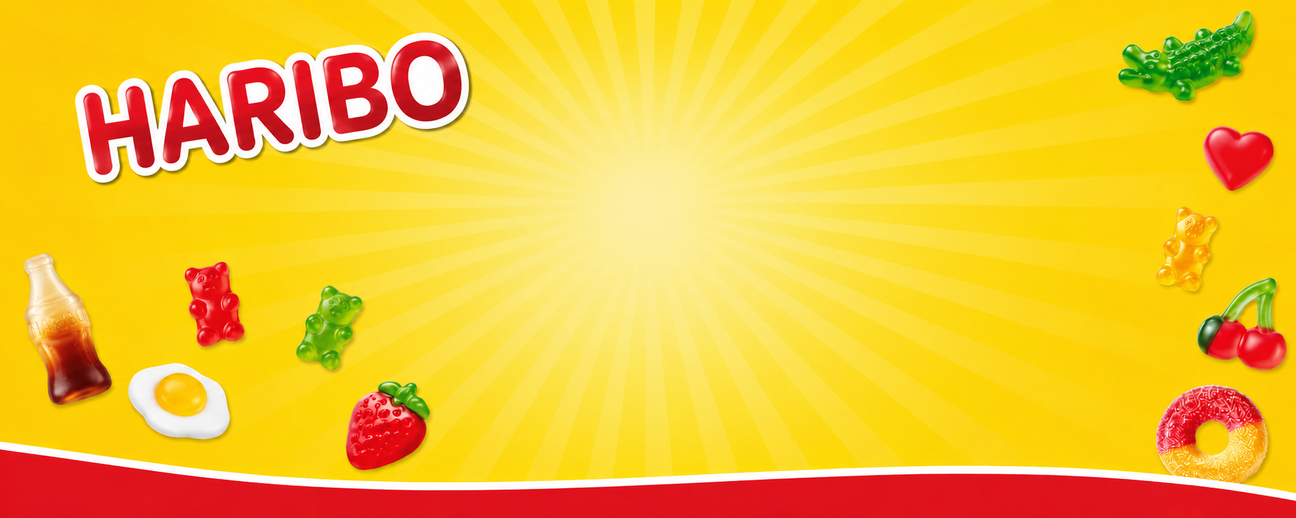 Colourful Haribo lollies collection banner with gummy sweets on a bright yellow background for Candy Co New Zealand