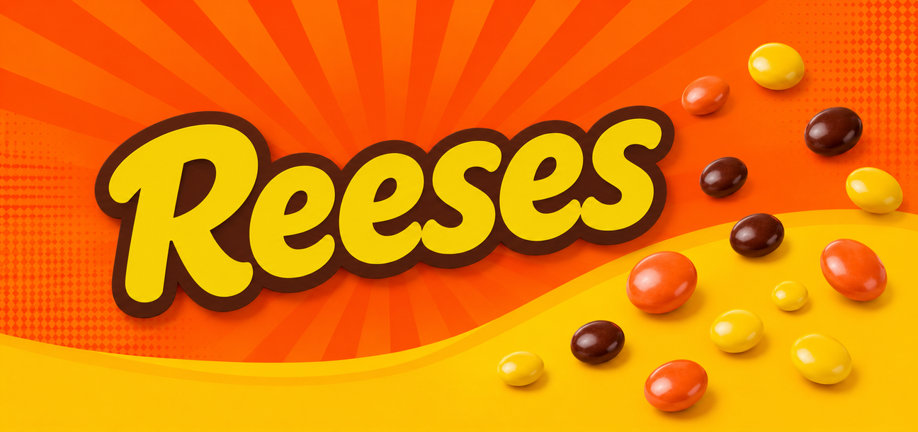 Reese's chocolate and candy collection banner with orange, yellow and brown candy pieces on a vibrant orange background