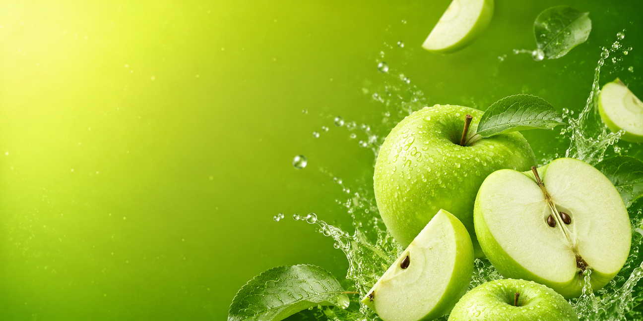 Bright green apple themed banner featuring fresh whole and sliced green apples with water splashes on a vibrant green gradient background