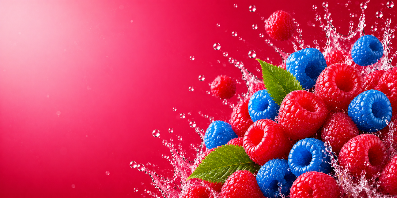 Bright raspberry themed banner featuring fresh raspberries with water splashes on a vibrant red and pink gradient background