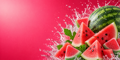 Bright watermelon themed banner featuring fresh whole and sliced watermelon with water splashes on a vibrant pink and green gradient background