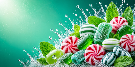 Fresh mint themed banner featuring peppermint candies, spearmint sweets, mint leaves and water splashes on a vibrant teal gradient background