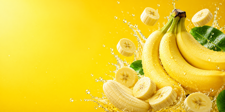 Bright banana themed banner featuring fresh whole and sliced bananas with water splashes on a vibrant yellow gradient background
