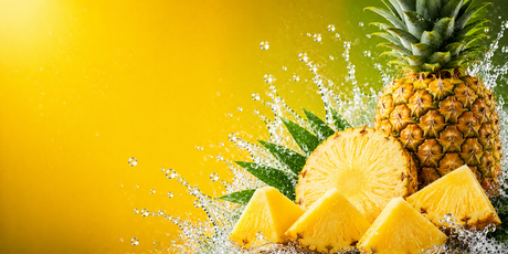 Bright pineapple themed banner featuring fresh whole and sliced pineapple with water splashes on a vibrant yellow and tropical green gradient background