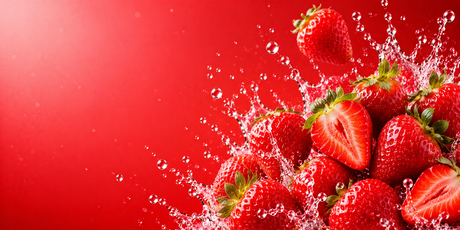 Bright strawberry themed banner featuring fresh strawberries with water splashes on a vibrant red gradient background