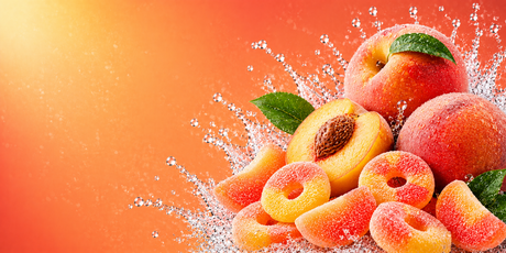 Bright peach themed banner featuring fresh whole and sliced peaches with water splashes on a vibrant orange and peach gradient background