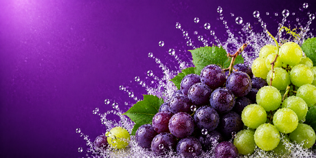 Bright grape themed banner featuring fresh purple and green grapes with water splashes on a vibrant purple gradient background