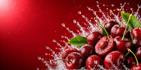 Bright cherry themed banner featuring fresh cherries with water splashes on a vibrant deep red gradient background