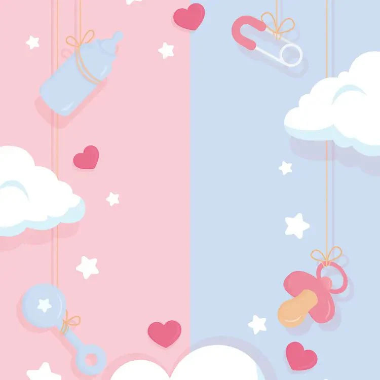 Baby shower background with clouds and hearts, adorned with sweet lollies, creating a whimsical and joyful atmosphere