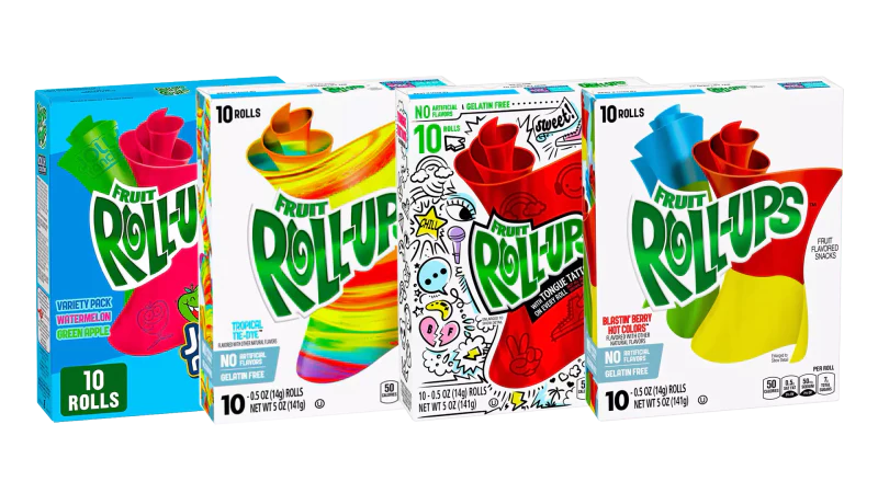 A colorful assortment of fruit roll-ups in various flavors, perfect for a tasty and fun snack