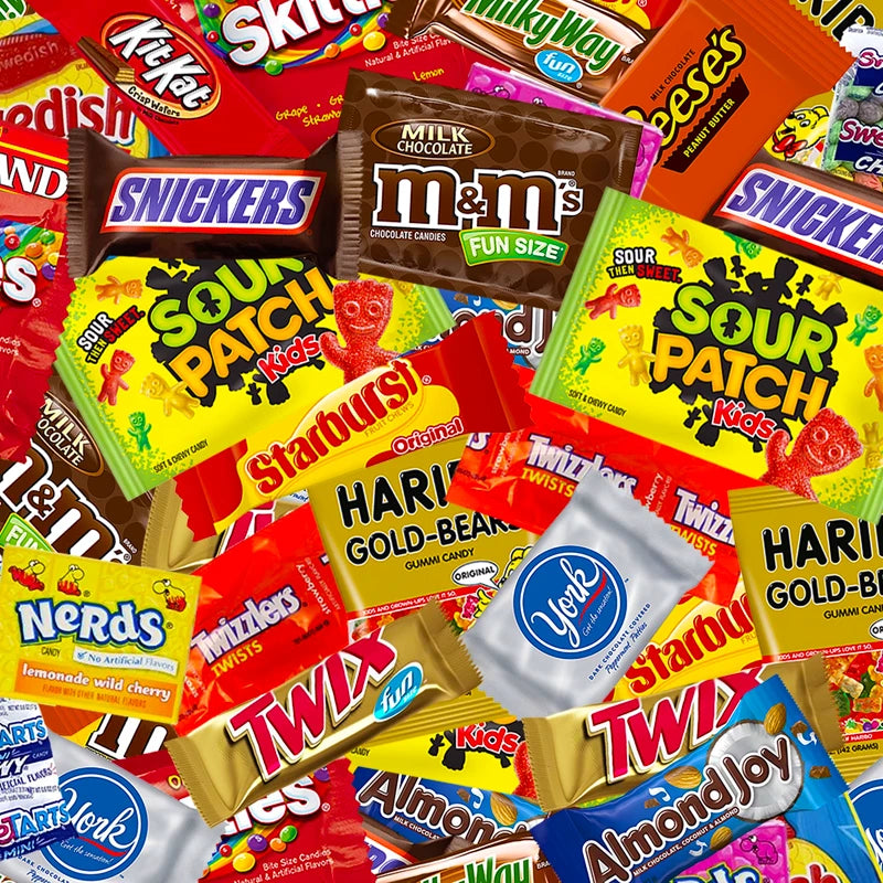 A variety of American candy bars displayed together, offering a wide selection of sweet treats