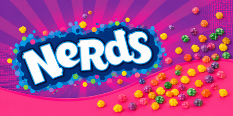 Colourful Nerds candy collection banner with vibrant pink and purple background and colourful candy pieces for Candy Co New Zealand