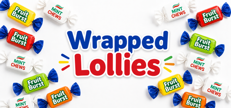 Wrapped lollies collection banner featuring colourful individually wrapped fruit burst and mint chew lollies on a white background for Candy Co New Zealand