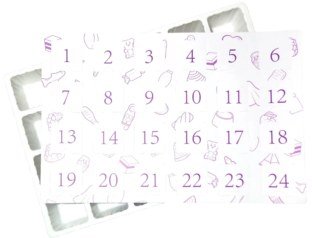 White advent calendar insert with purple numbers and icons on a white background