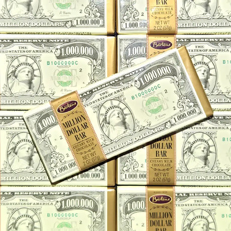 Chocolate bars designed to look like million dollar bills with a prominent 'Barton's' brand label.