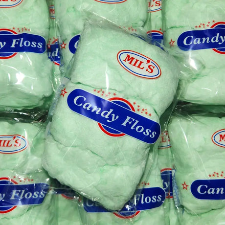 Green coloured cotton candy packed in a 100 gram bag. Product of New Zealand