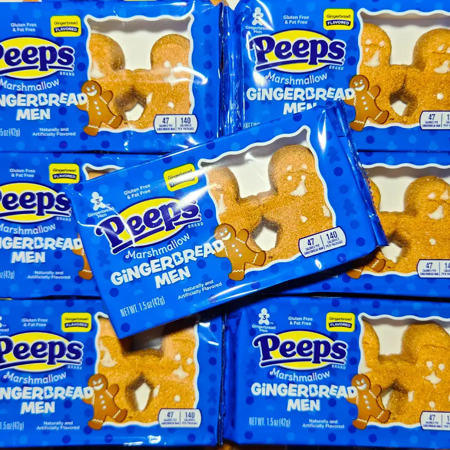 Multiple packages of Peeps Marshmallow Gingerbread Men in a blue packet with three pieces