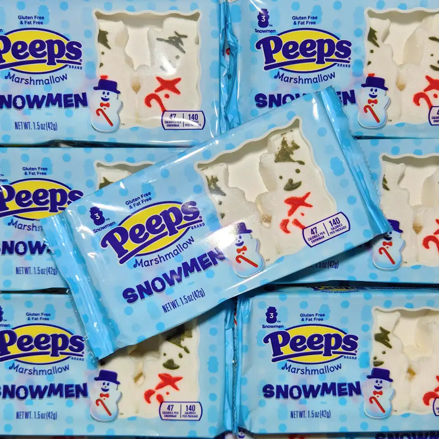 Multiple packages of Peeps Marshmallow Snowmen in blue packaging.