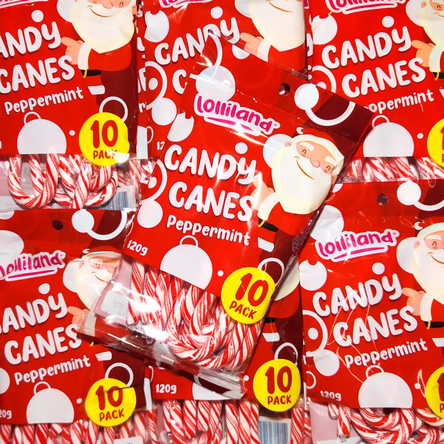 Red packaging of Lolliland Candy Canes with Santa Claus design on the bag