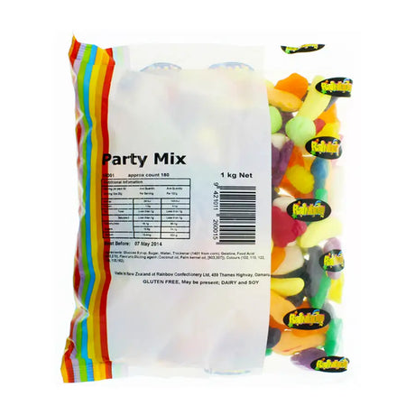 Bag of colorful party mix candy with a visible brand logo on a white background