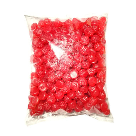 A 1 kilogram bag of bite sized Raspberry shaped lollies