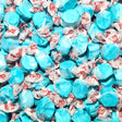 Close-up of blue taffy candies in clear wrappers with red text. Raspberry Flavour
