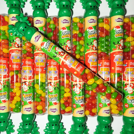 Assorted colorful candy tubes with Reindeer design on the top filled with Jelly Beans