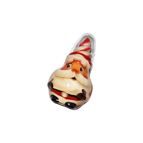Plastic figure of a Santa Claus character on a white background shaped like a lollipop with a sherbet dipper center