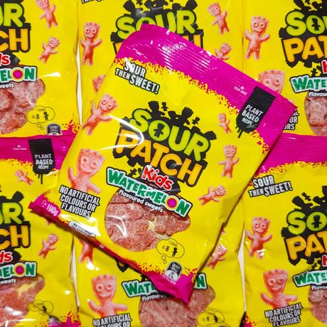 Sour Patch Kids Watermelon flavored candy packages with yellow and pink packaging.