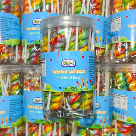 Jar of twisted lollipops with colorful packaging in a store setting