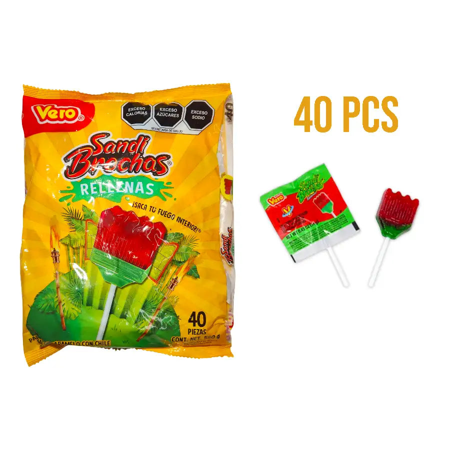 Packaging of Sandi Brochas with a small model of a lollipop on a white background