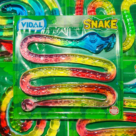 A large single wrapped gummy snake in a square packet