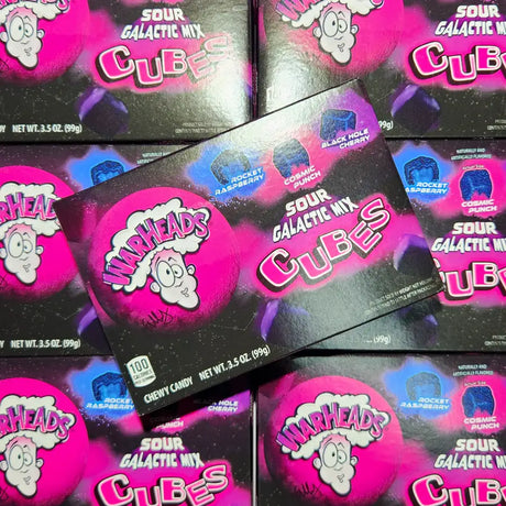 Warheads Sour Galactic Mix Cubes packaging in a 99 gram theater box