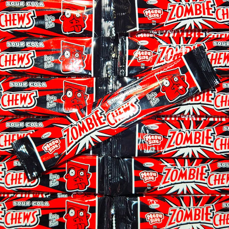 Multiple packages of Zombie Chews cola flavoured candy with red and black design