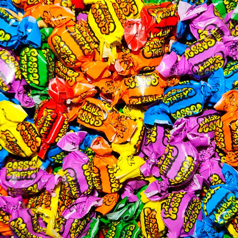 Taffy Town Sassy Sour Fruit salt water taffy individually wrapped in assorted fruity sour flavours